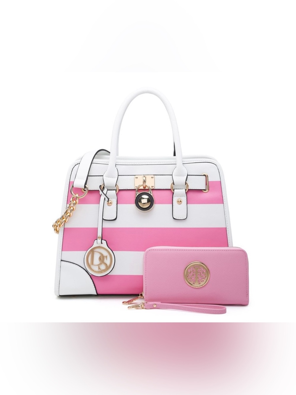 Striped Pink & White Satchel with Matching Pink Wallet